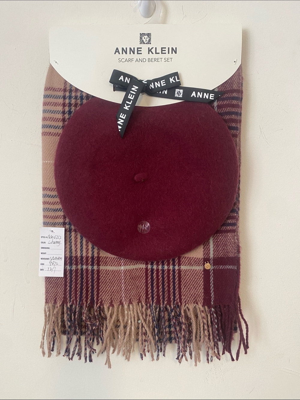 Anne Klein Wine Red Beret with Plaid Scarf Set